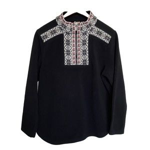 L.L. Bean Sweater Women’s Medium Black Fleece Alpine Accents 1/4 Zip Pullover